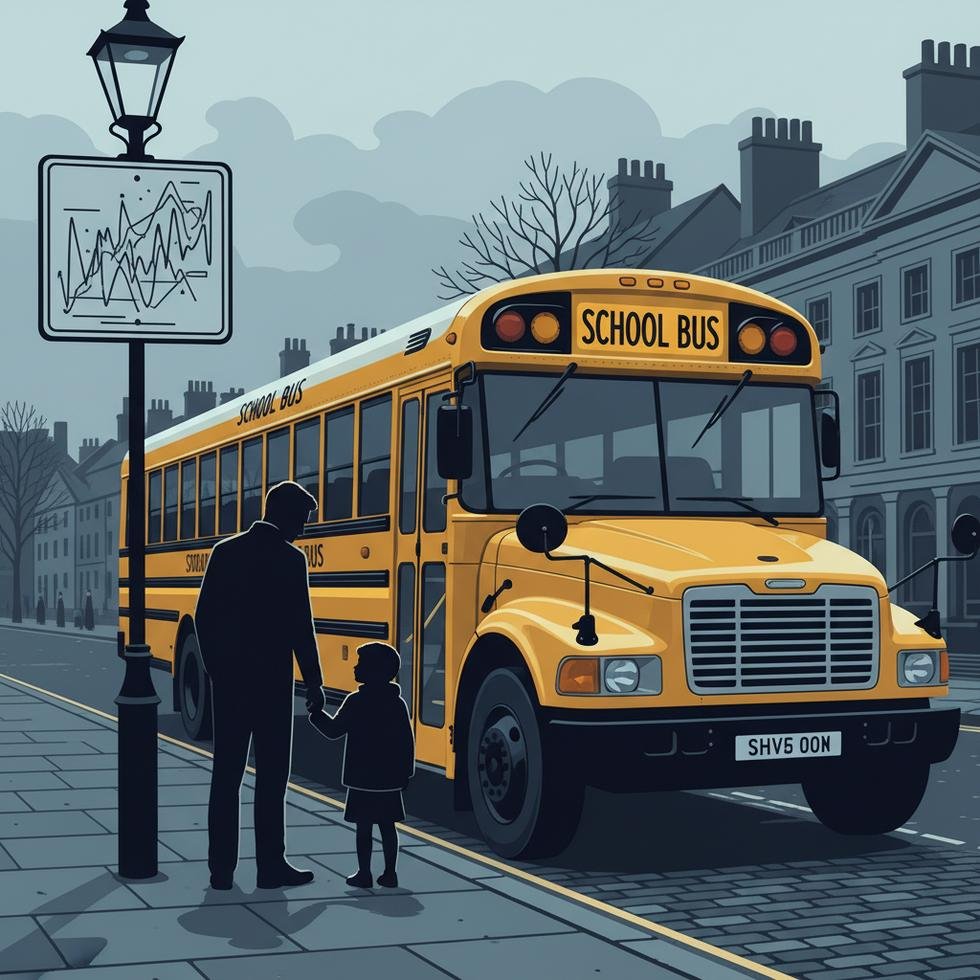 İngiltere'de bir baba ve kızı okul servisi yanında yüksek ücretli uyarı panosuna bakıyor.