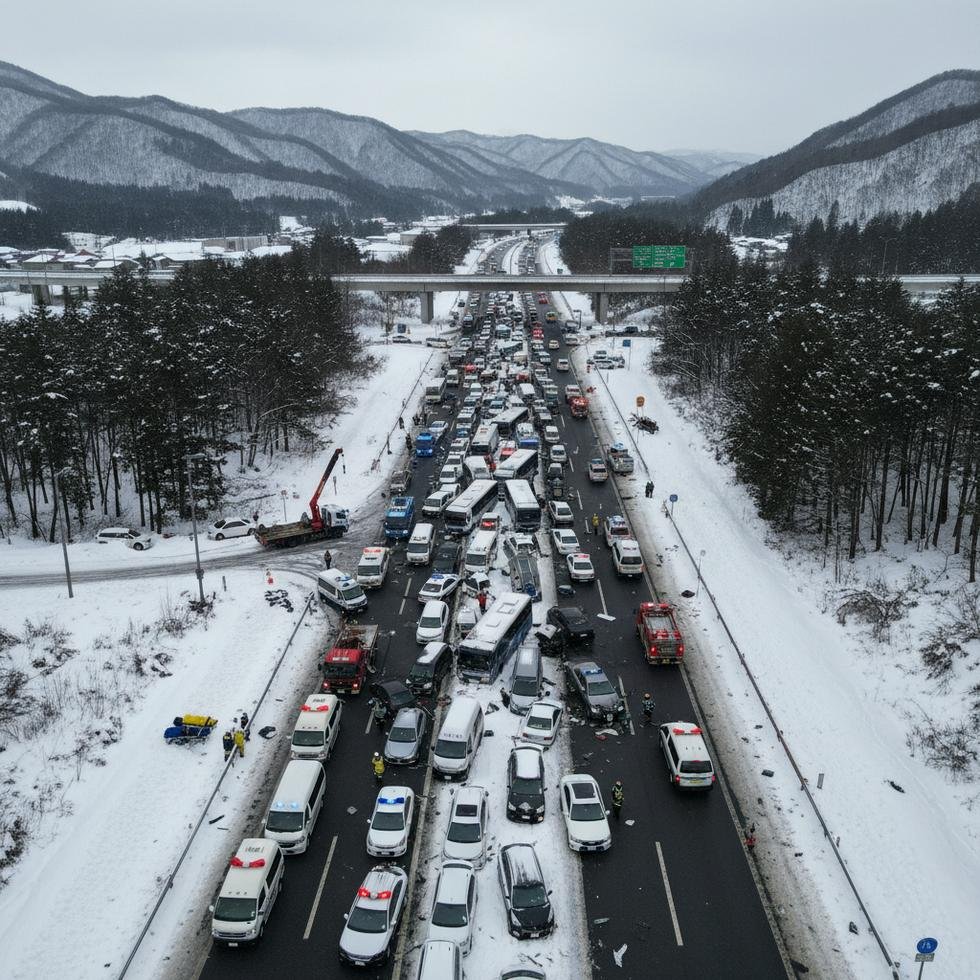 Kar yağışı altında Japonya’da otoyolda birbirine çarpmış onlarca aracın ve olay yerindeki kurtarma ekiplerinin görüntüsü
