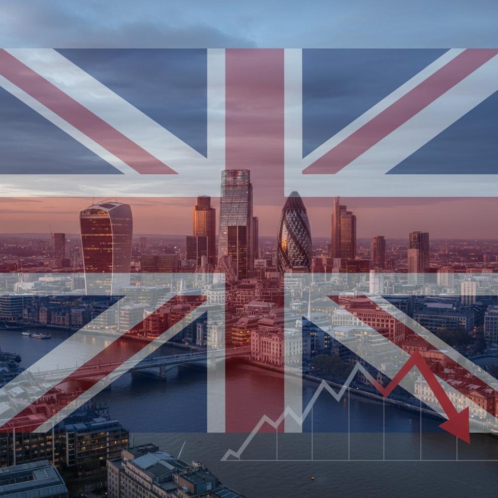 Londra finans merkezi ve İngiliz bayrağı ekonomiyi simgeliyor.