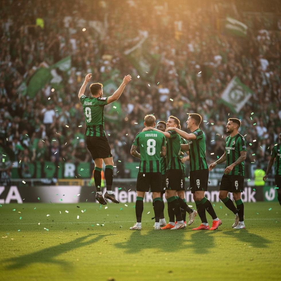 Kocaelispor forması giyen futbolcuların gol kutlaması yaparken çekilmiş bir fotoğrafı