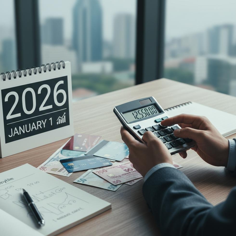 Bir kişinin masa başında kredi kartı borcunu hesapladığı ve yanında Türk lirası ile 2026 yılı takvimi yer aldığı bir fotoğraf.
