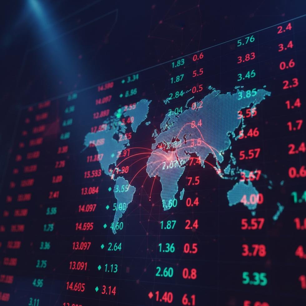 Küresel piyasaların izlenmesini gösteren dijital borsa ekranı