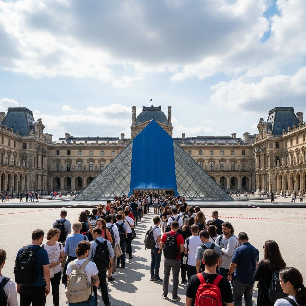 Kapalı olan Louvre Müzesi'nin önünde bekleyen ziyaretçiler