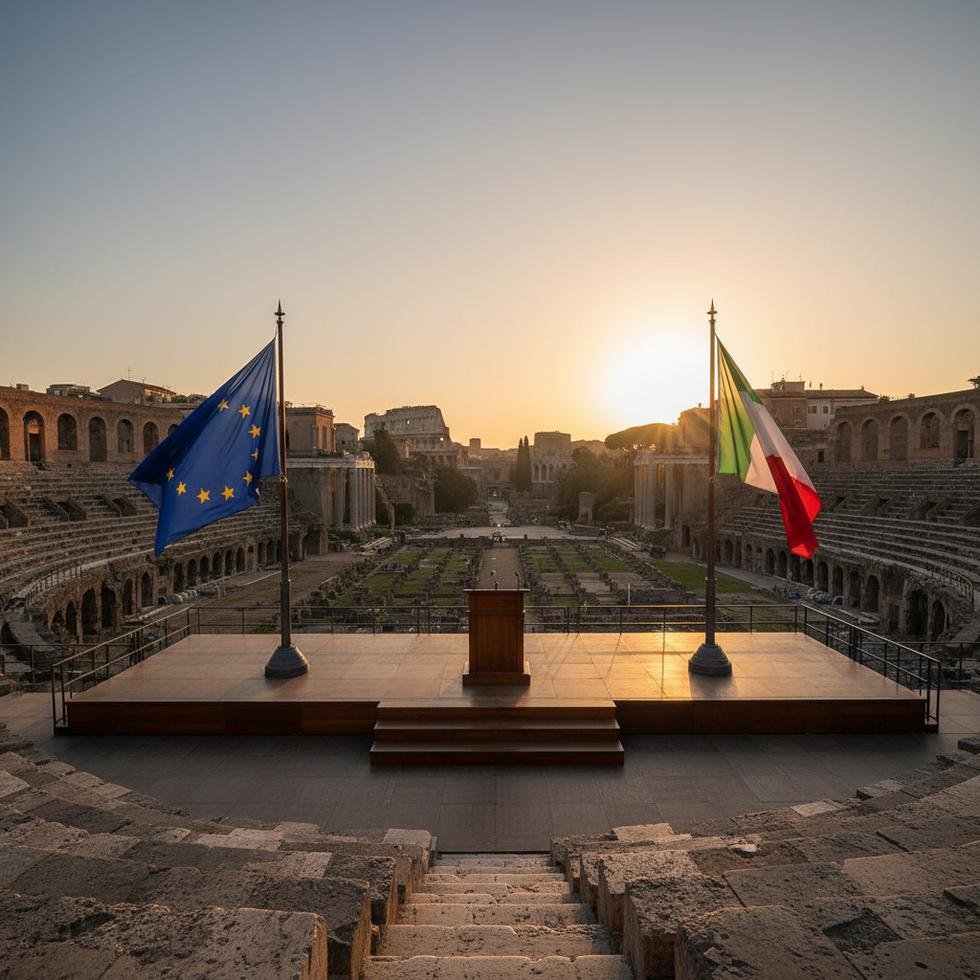 Avrupa Birliği ve İtalyan bayraklarının önünde konuşan bir siyasi lider