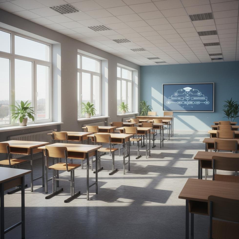 Boş çağdaş bir sınıfta öğrencisiz sıralar ve masalar.