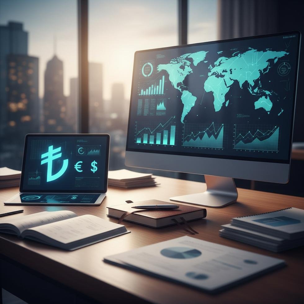 Ekonomik grafikler önünde çalışan bir finans analisti, Türkiye ve küresel ekonomik projeksiyonları inceliyor