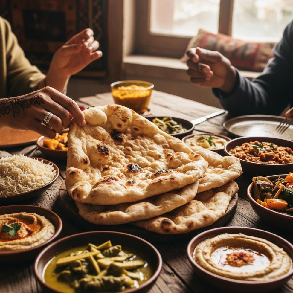 Farklı kültürlerden insanların paylaştığı sıcak naan ekmeği ve ortak sofra.