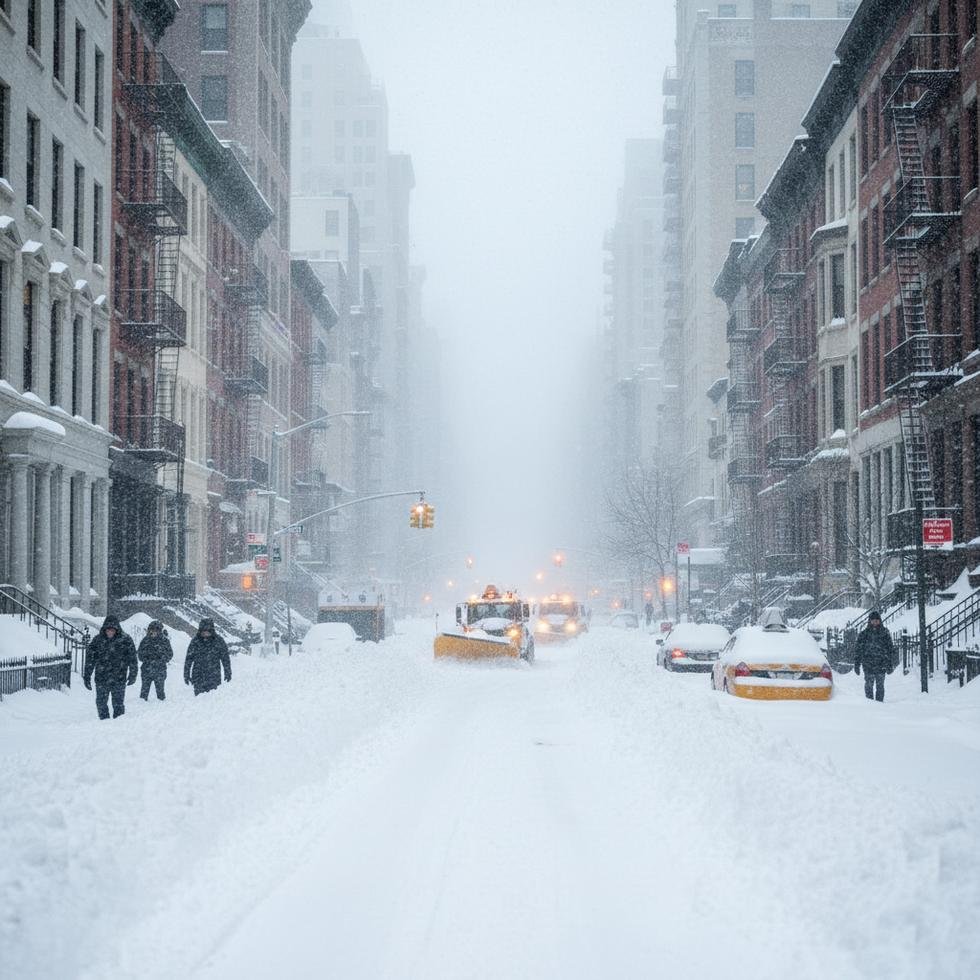 New York kar fırtınasından sonra beyaza bürünmüş bir cadde.