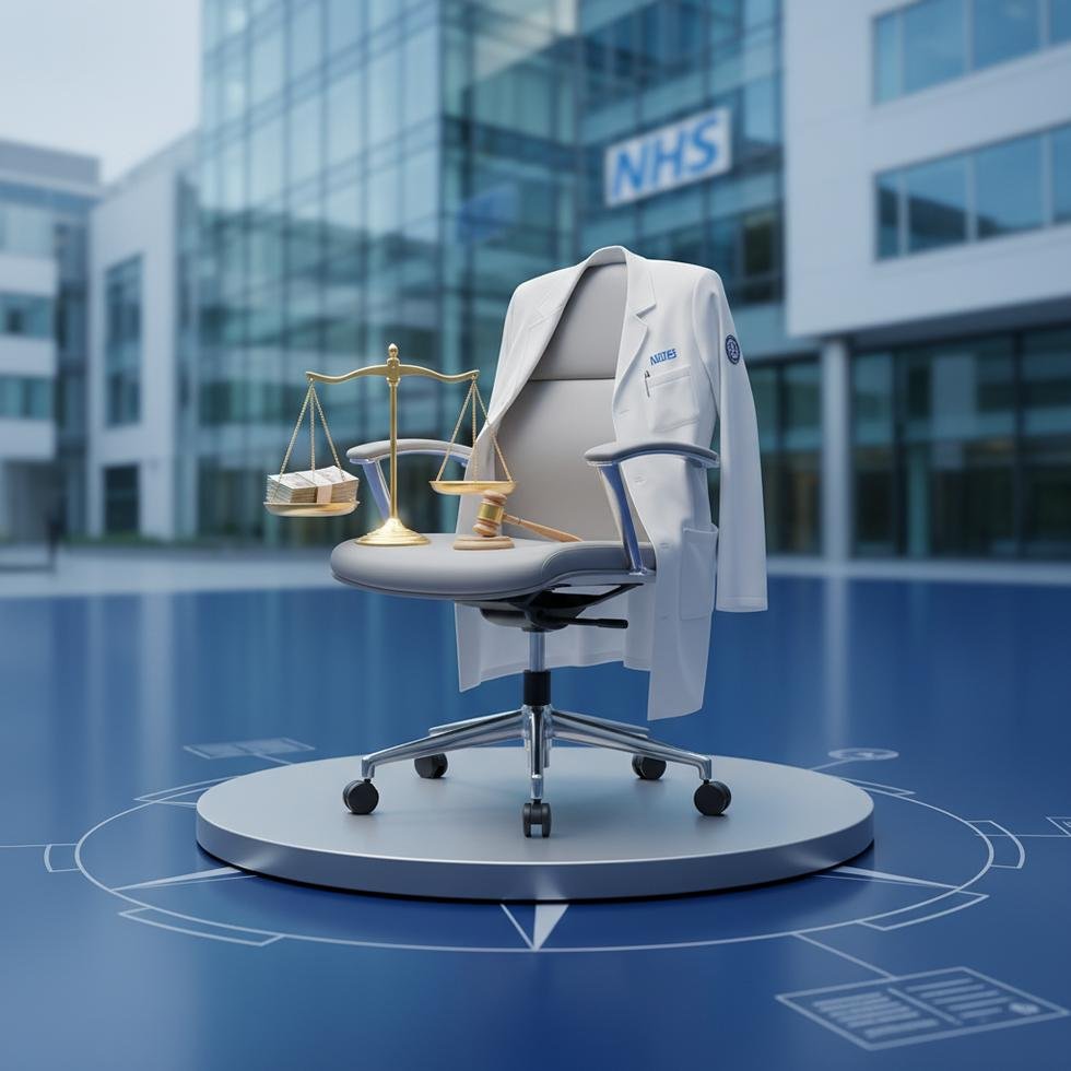 Birleşik Krallık'ta NHS sağlık çalışanı modern bir hastane önünde