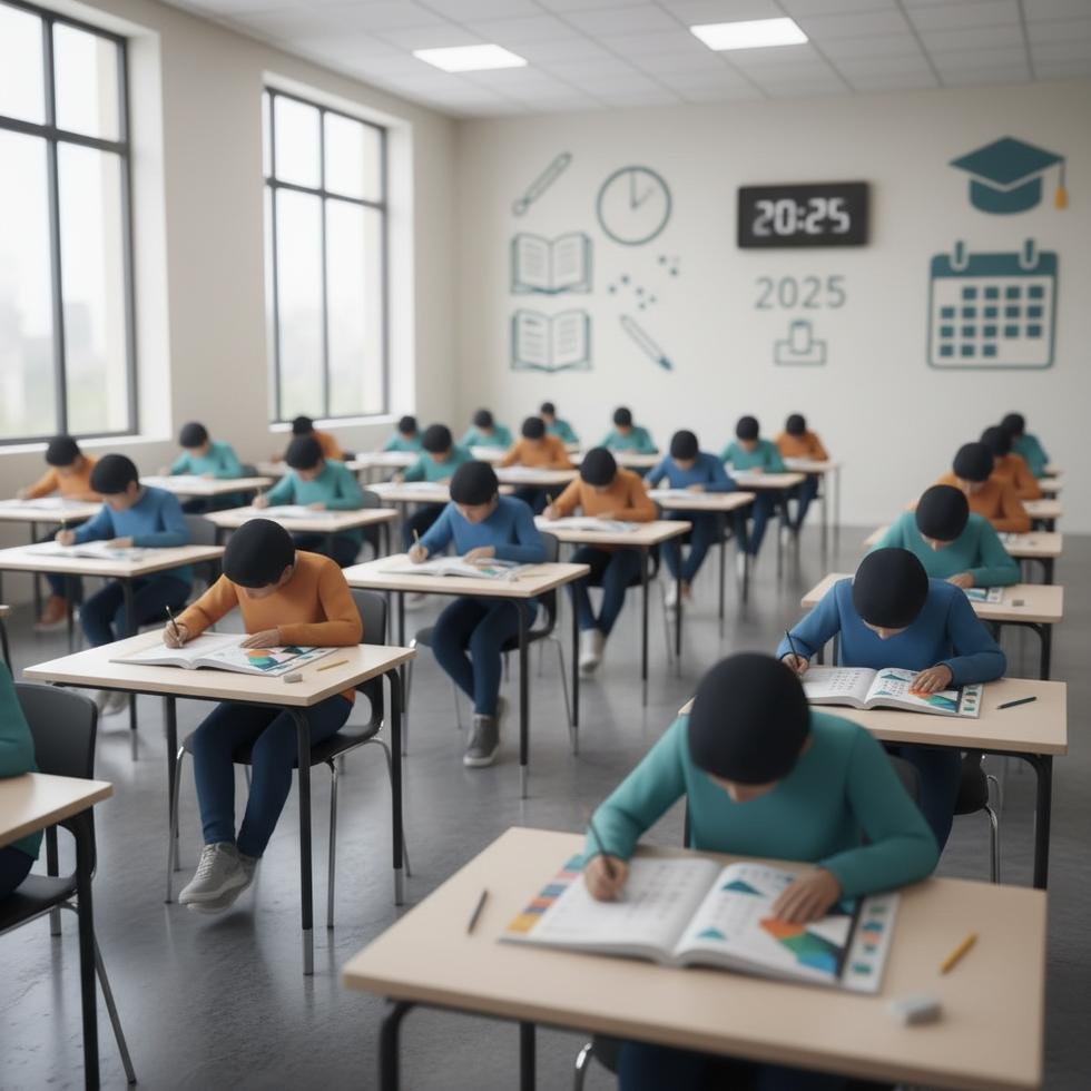 Sınava giren öğrenciler derslikte sınav kağıtları ile