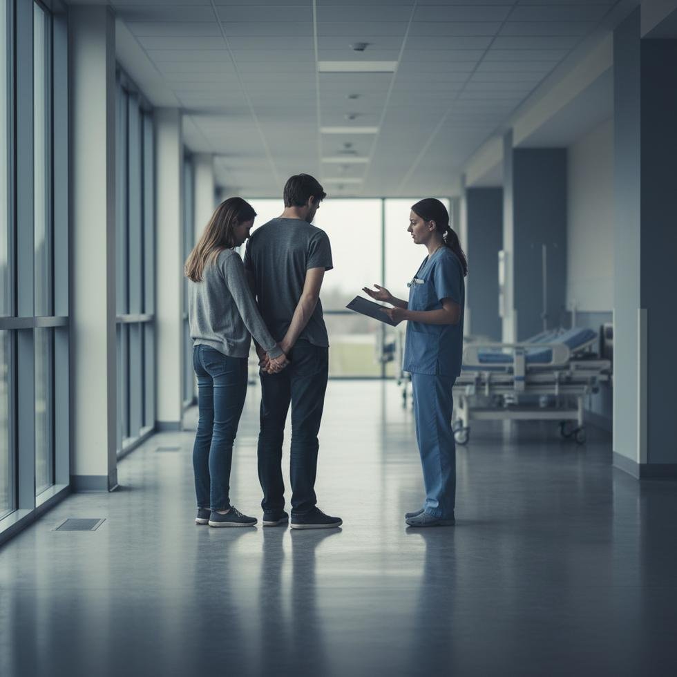 Genç bir çift, hastanede bir sağlık çalışanı ile konuşurken üzgün görünüyor