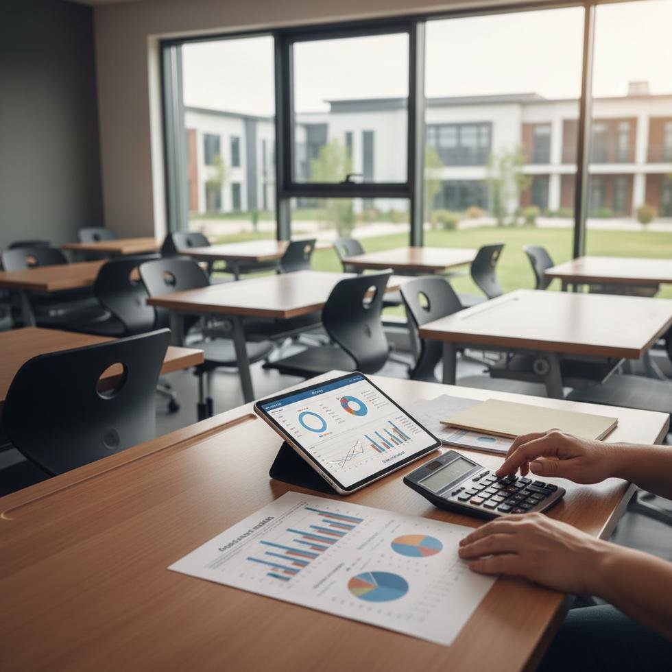 Türkiye’de özel okulda modern bir sınıf ve aileler eğitim masraflarını hesaplıyor.