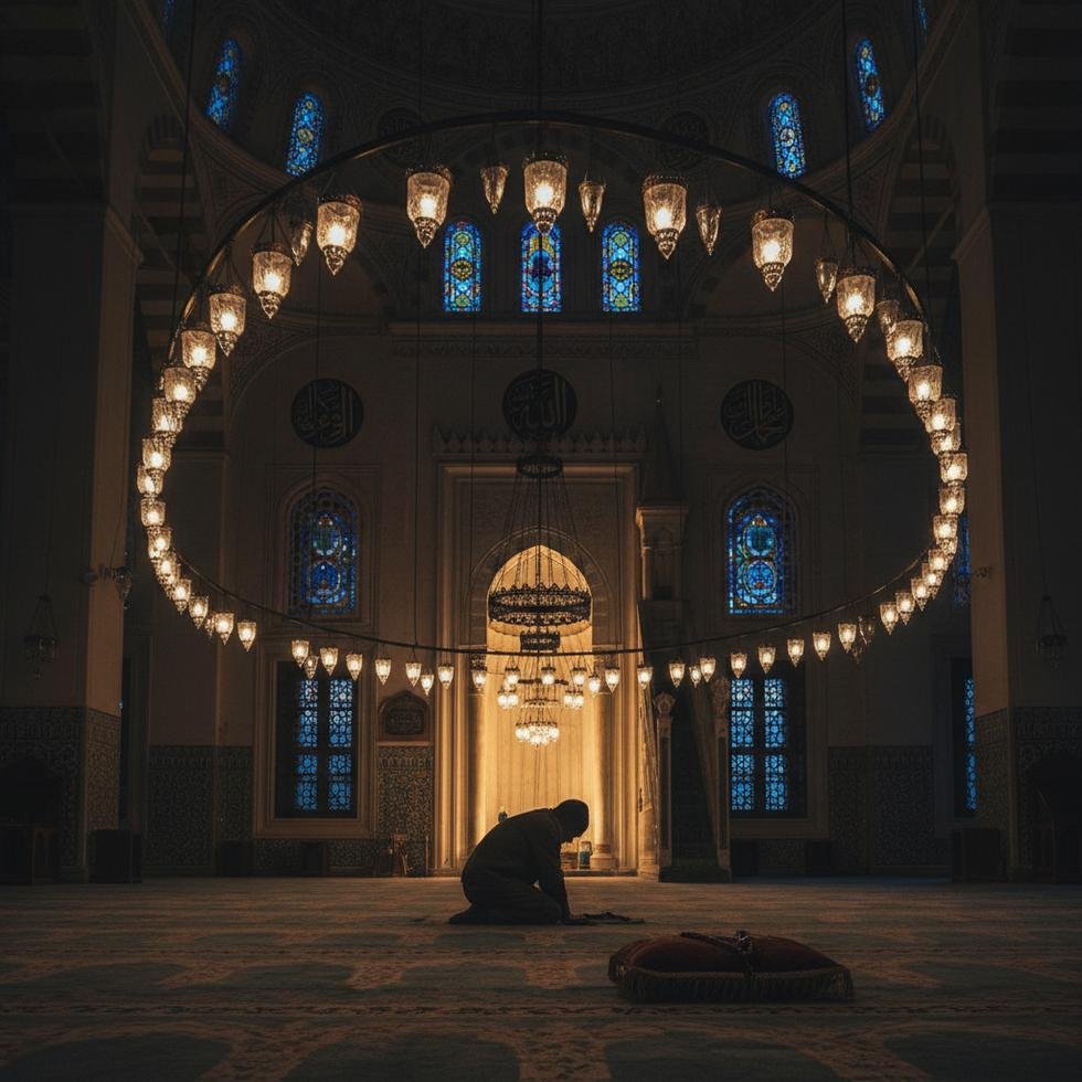 Yurtdışında bir camide ibadet eden Müslüman bir kişi tesbih namazı kılıyor