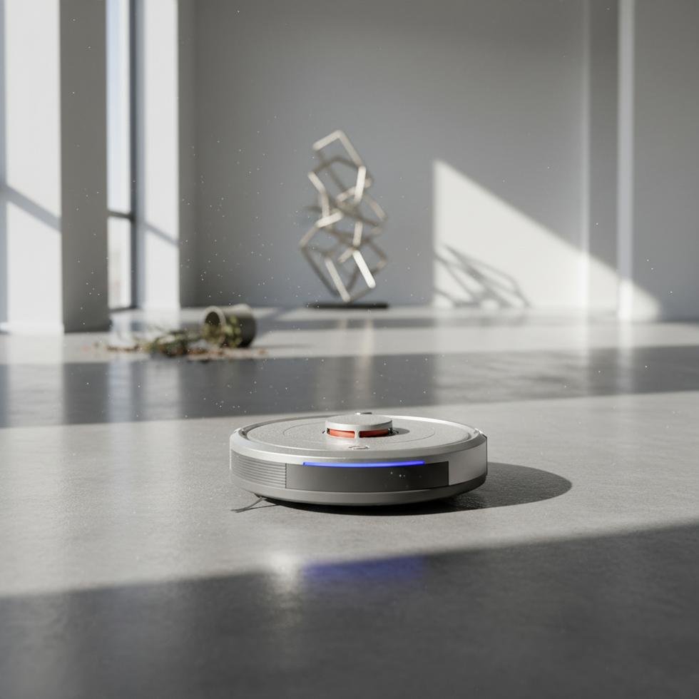 Boş bir oturma odasında duran bir Roomba robot süpürgesinin genel görünümü