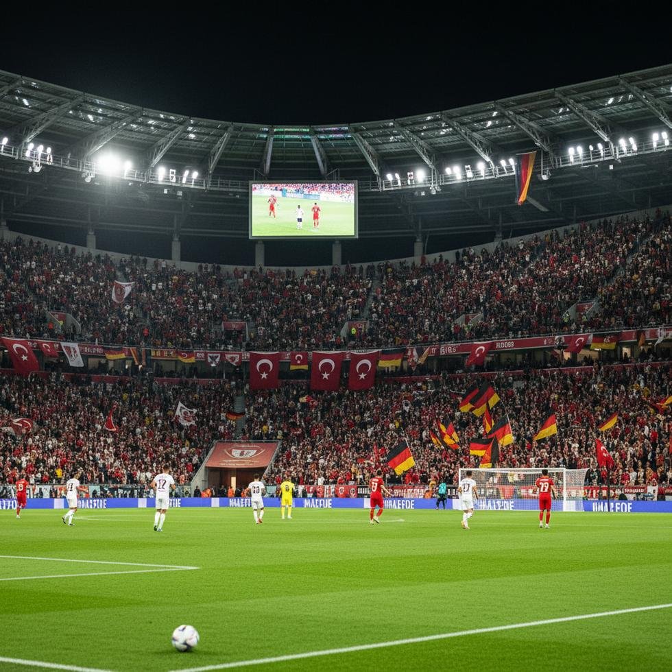 Almanya'da Samsunspor ve Mainz 05 arasında oynanan futbol maçı, tribünde Türk ve Alman bayrakları