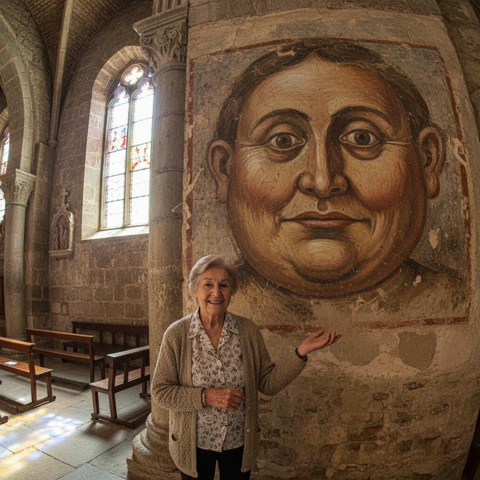 Kilise duvarında ünlü, baştan aşağı yanlış restore edilmiş Ecce Homo freski ve önünde gülümseyen İspanyol kadın.