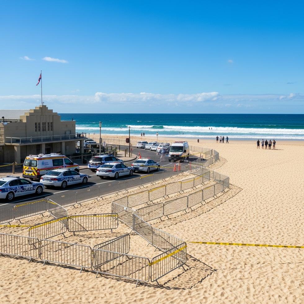Sydney Bondi Plajı'nda acil araçlar ve polisler güvenlik alanı oluşturuyor