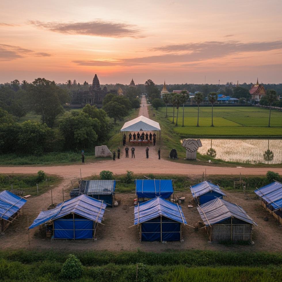 Tayland-Kamboçya sınırında ateşkes sonrası geçici sığınma merkezinde bekleyen sivillerin fotoğrafı
