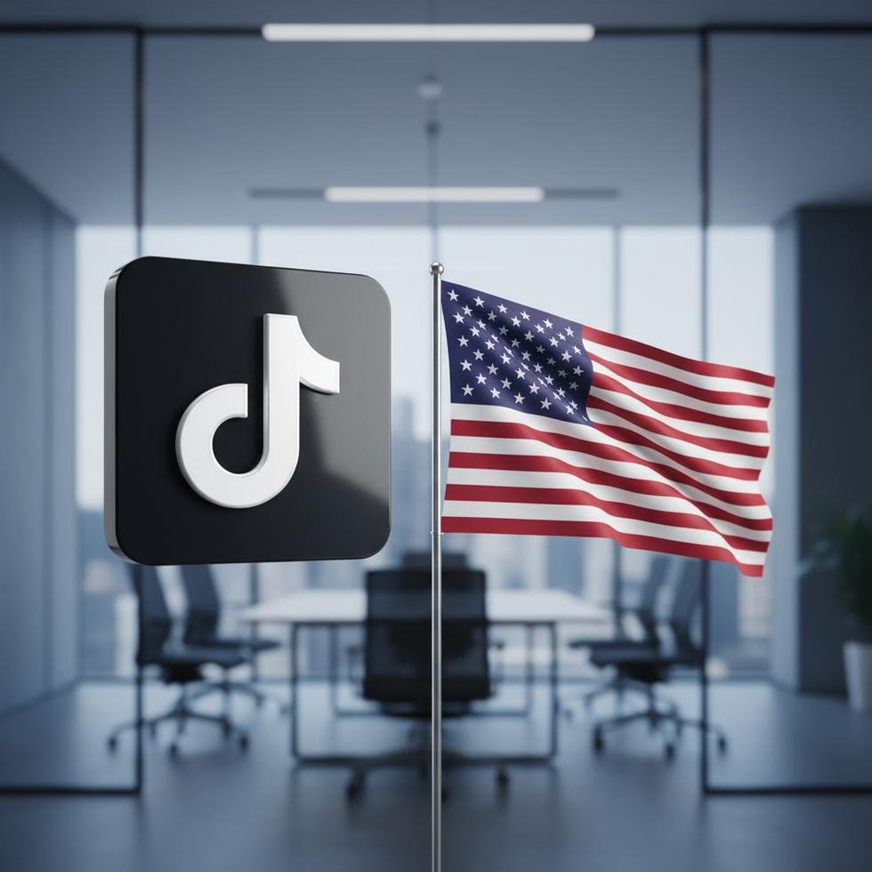 TikTok logosu ve ABD bayrağı yan yana, ofis ortamı.