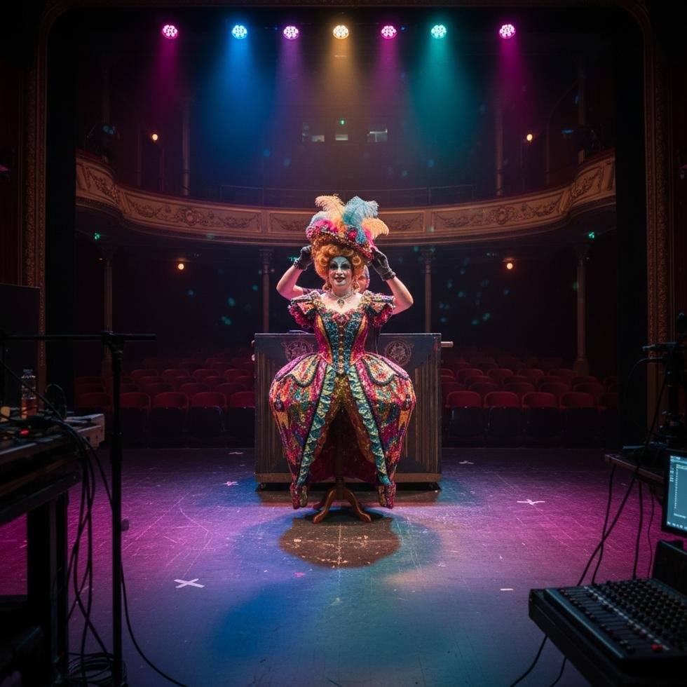 Bir İngiltere üniversitesi tiyatro teknisyeninin pantomim kostümüyle sahnede performans sergilemesi