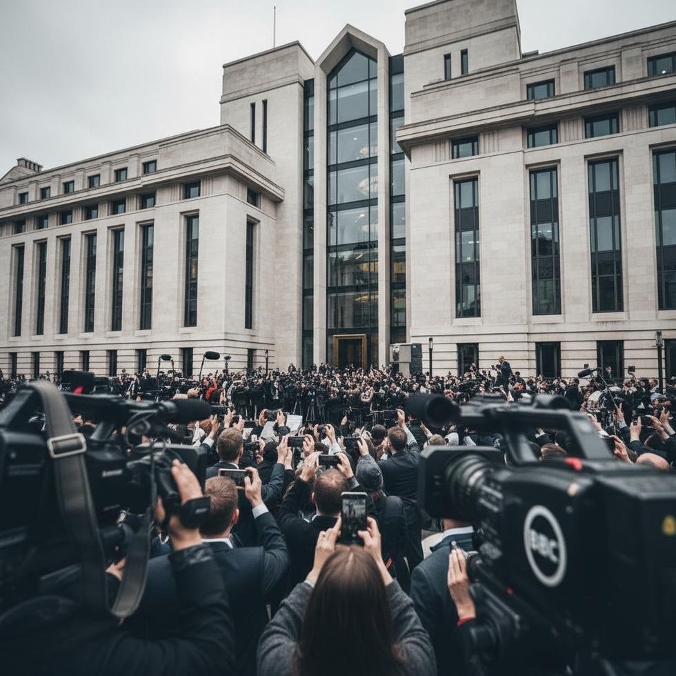 Birleşik Krallık'ta BBC logosunun ve basın kameralarının yer aldığı büyük bir mahkeme binası