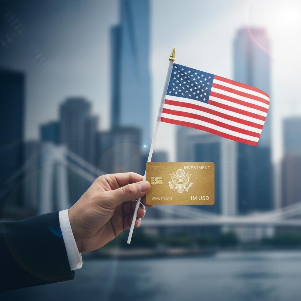 ABD’ye yatırım yoluyla hızlandırılmış vize almak isteyen bir iş insanı, elinde ABD bayrağı ve Altın Kart ile