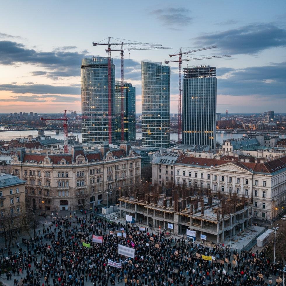 Belgrad şehir merkezinde inşaat alanı ve protesto eden kalabalık