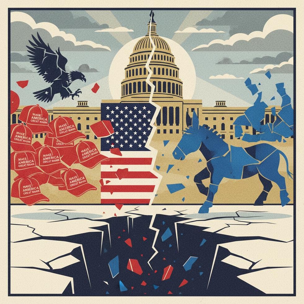 Amerika'da politik bir hareket içinde ayrışmayı temsil eden kalabalık ve Amerikan bayrakları