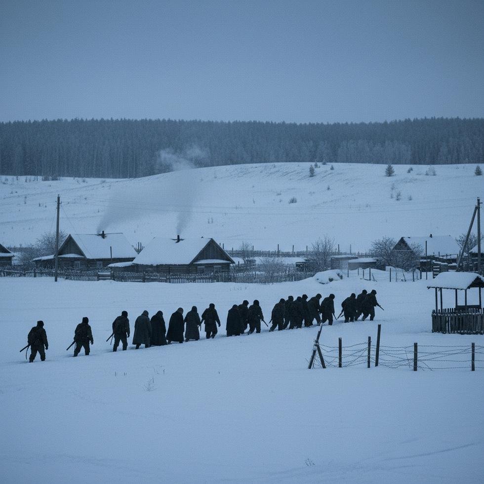 Karlarla kaplı bir sınır köyünde, askerler tarafından götürülen endişeli siviller.