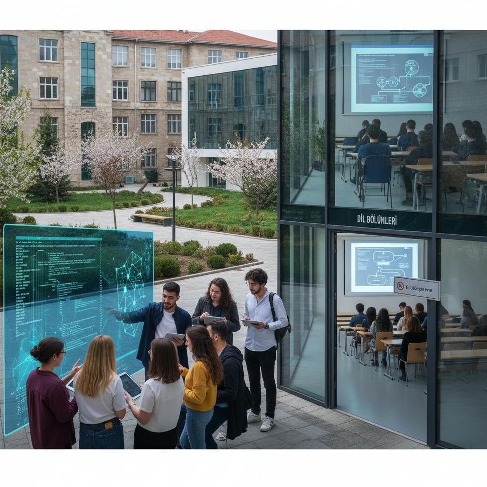 Boş sınıflar ve yapay zeka derslerine yoğun ilgi gösteren uluslararası öğrencilerle bir üniversite kampüsü.