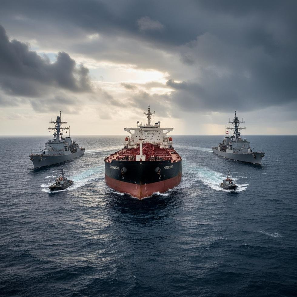 Uluslararası sularda durdurulan petrol tankeri ve çevresindeki gemiler, gerilimli bir ortam.