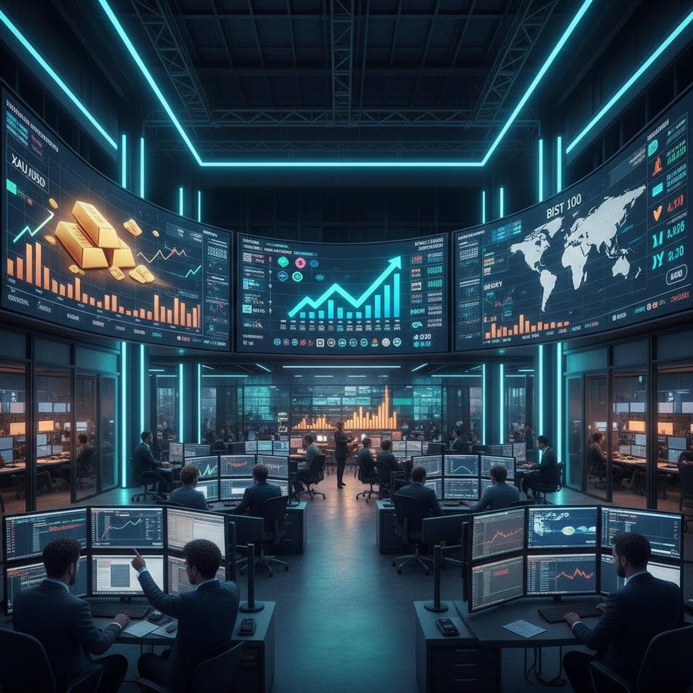 Borsa salonunda altın, döviz ve hisse senedi fiyatlarını izleyen yatırımcılar