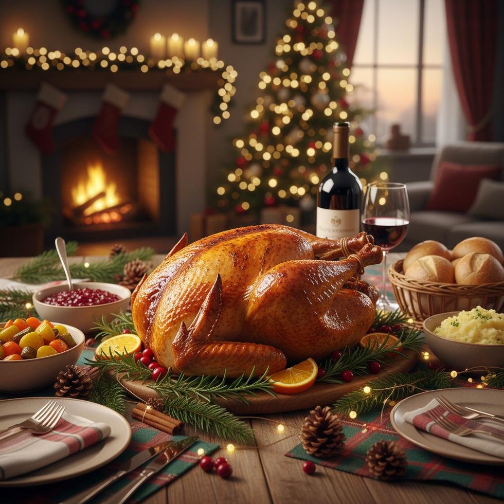 Çıtır çıtır yılbaşı hindisi, süslü bir masa üzerinde sofraya servis edilmiş