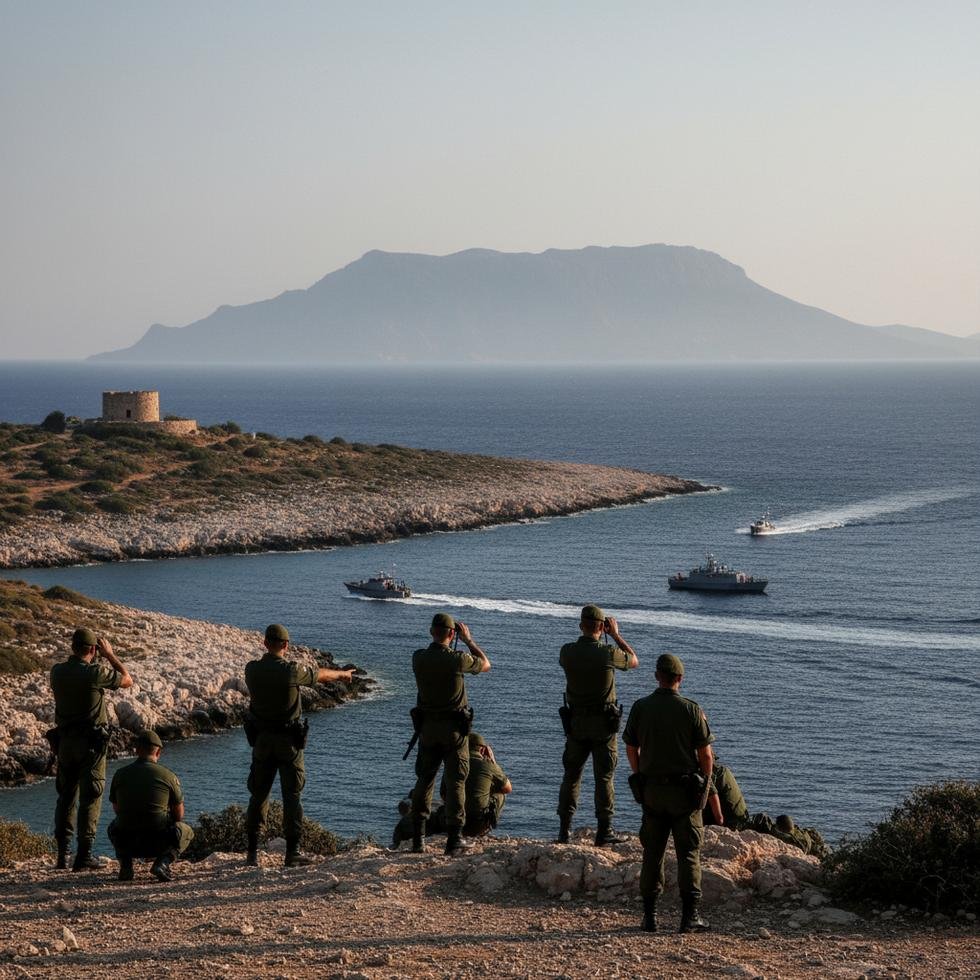 Yunanistan Sisam Adası'nda askeri inceleme yapan yetkililer ve Türkiye kıyılarının uzaktan görünümü.