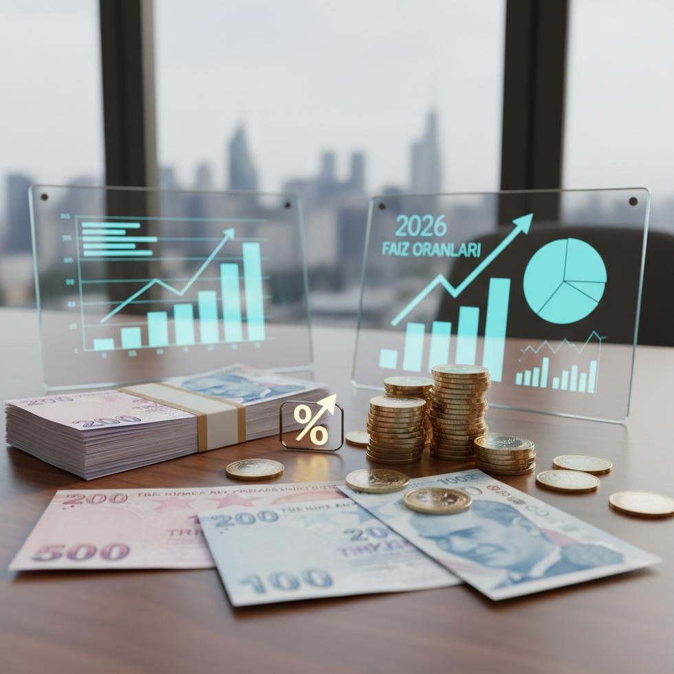 Turkish Lira coins and banknotes with financial charts symbolizing bank interest rates