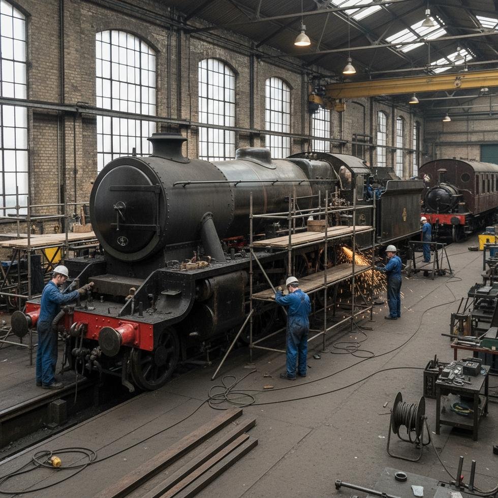 Restoration work on the Railway Children steam locomotive in a workshop