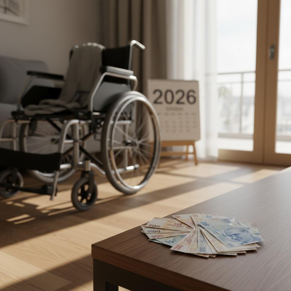 Evde bir tekerlekli sandalye ve yanında Türk Lirası banknotları