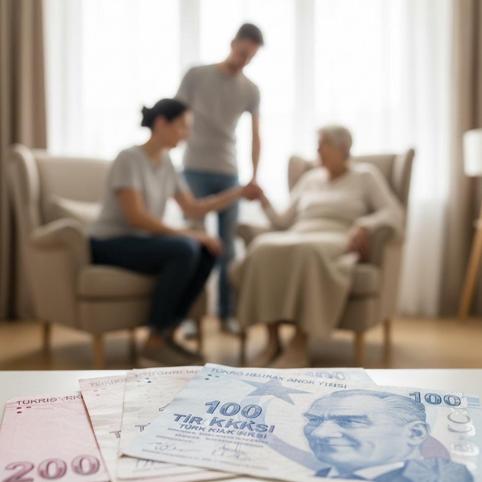 Evde bakım maaşı ve Türk Lirası banknotları, ev ortamında bakım yapılan bir aile