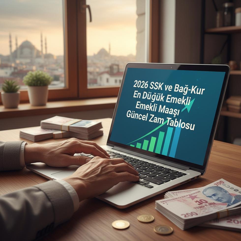 Emekli bir kişi dizüstü bilgisayarda maaş hesaplama yaparken, yanında Türk lirası banknotlar