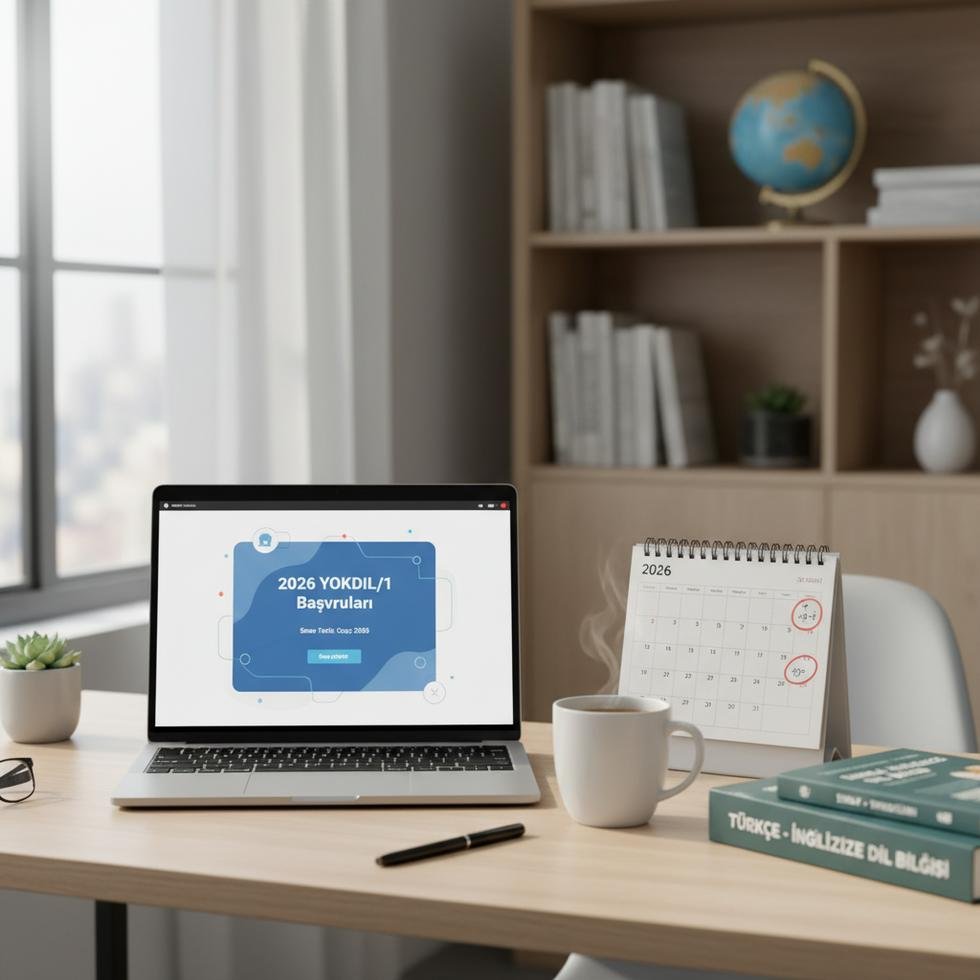Open laptop on desk showing language exam portal with calendar indicating January 2026