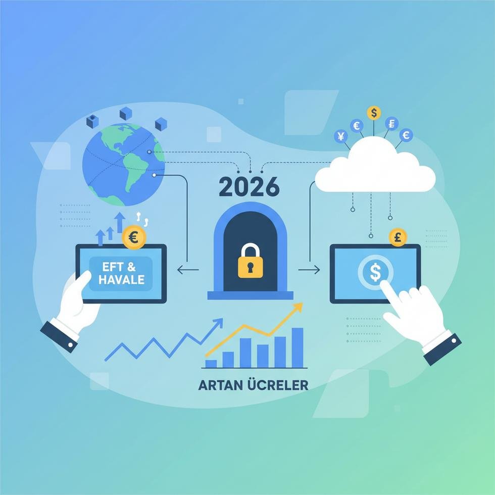 Uluslararası banka havalesi için artan transfer ücretlerini gösteren dijital para transferi illüstrasyonu