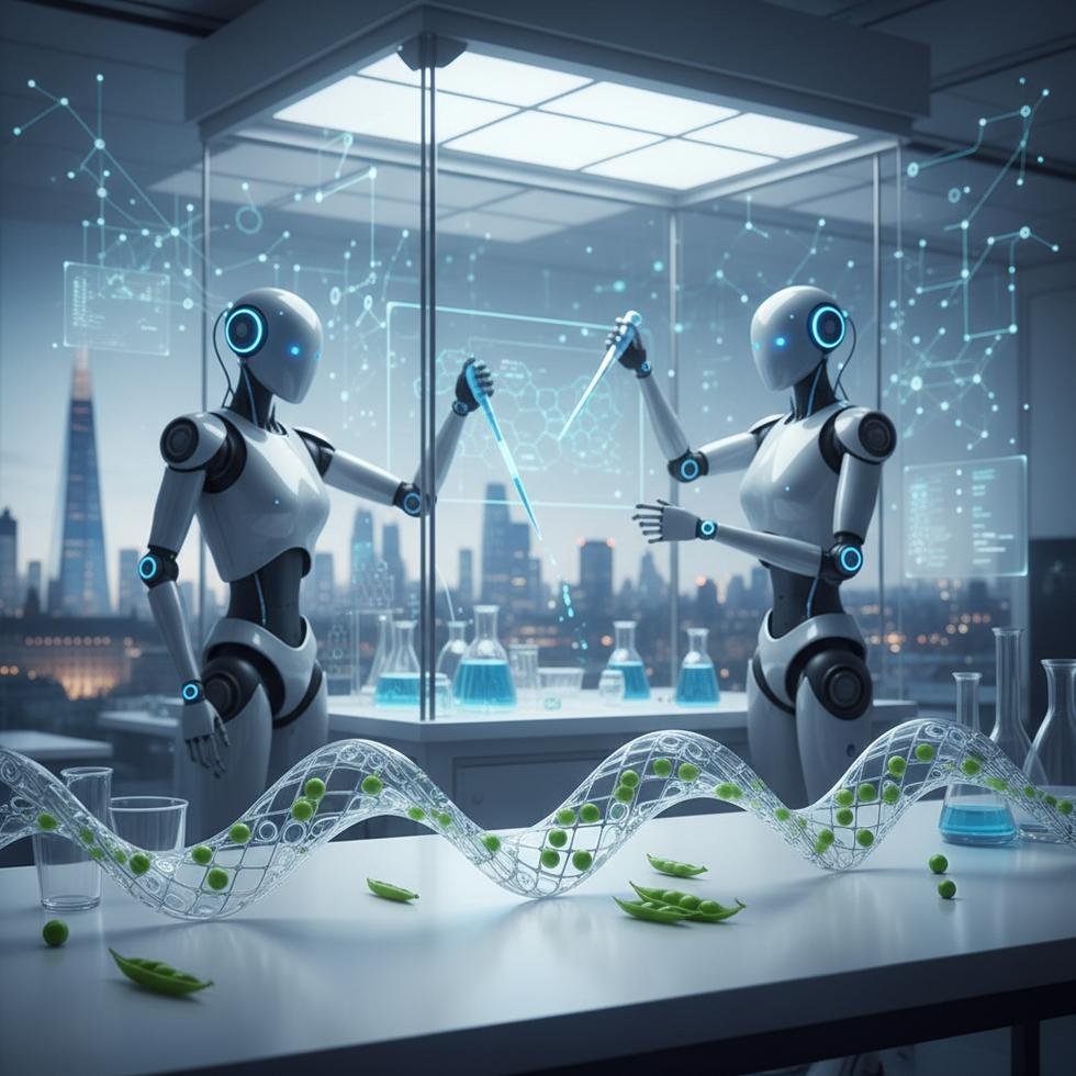 İngiltere’de bezelyeden üretilmiş plastik ve modern yapay zeka robotlarını gösteren teknoloji laboratuvarı görseli