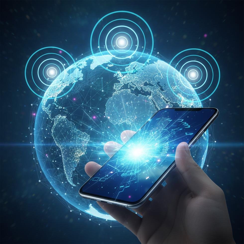 Dünya haritası üzerinde modern bir akıllı telefon ve bağlantı sinyalleri