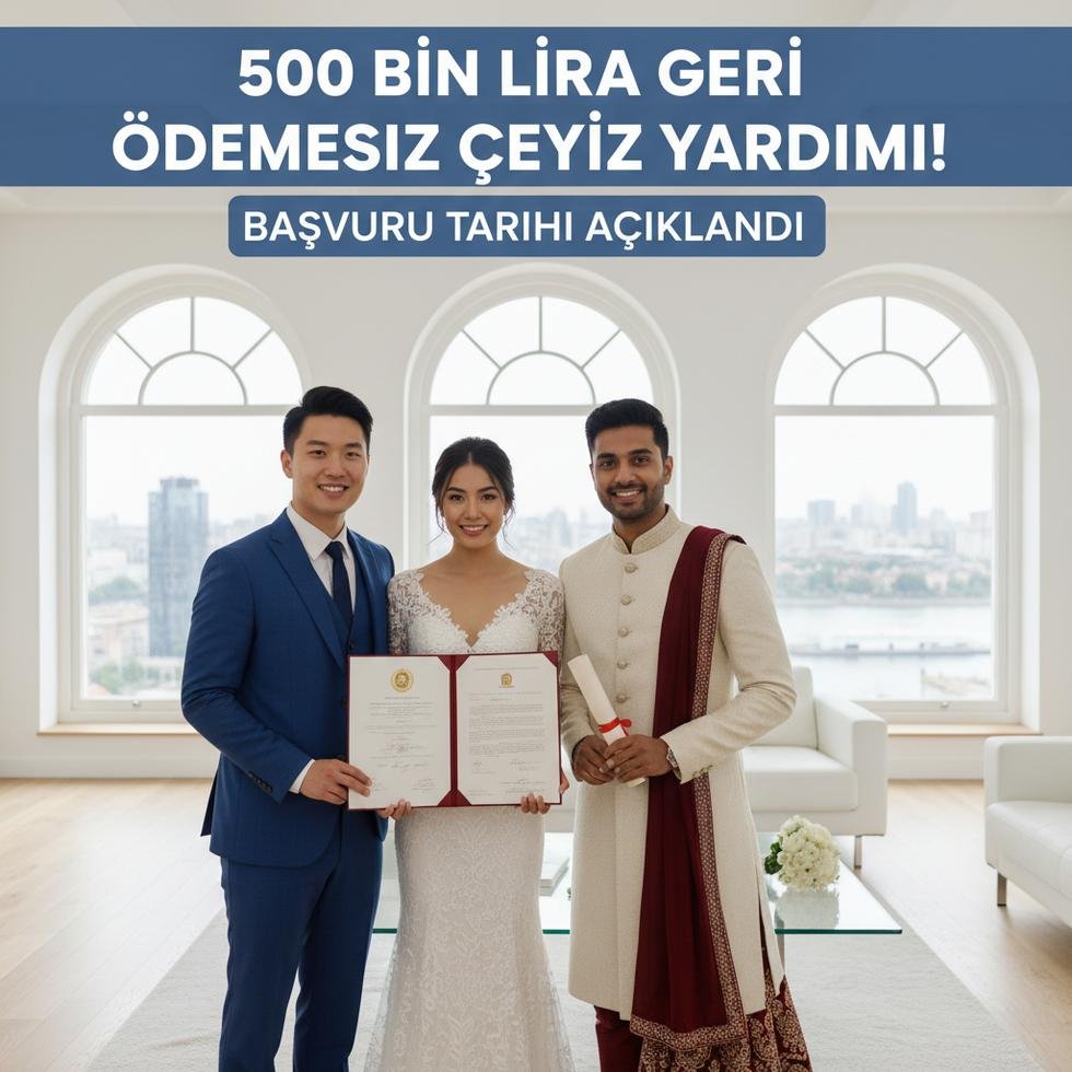 Evraklarını alan genç nişanlı çiftler mutlu bir şekilde poz veriyor.