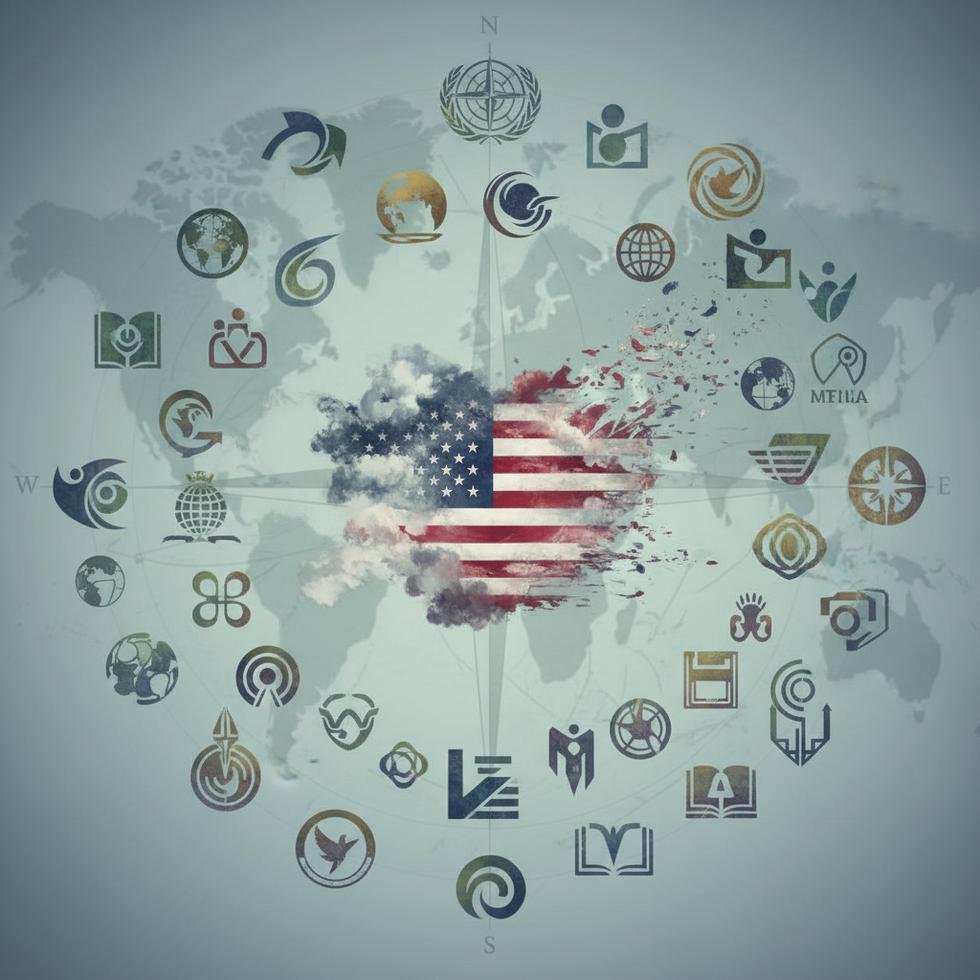 ABD bayrağı ve uluslararası kuruluş logoları ile soyut görsel