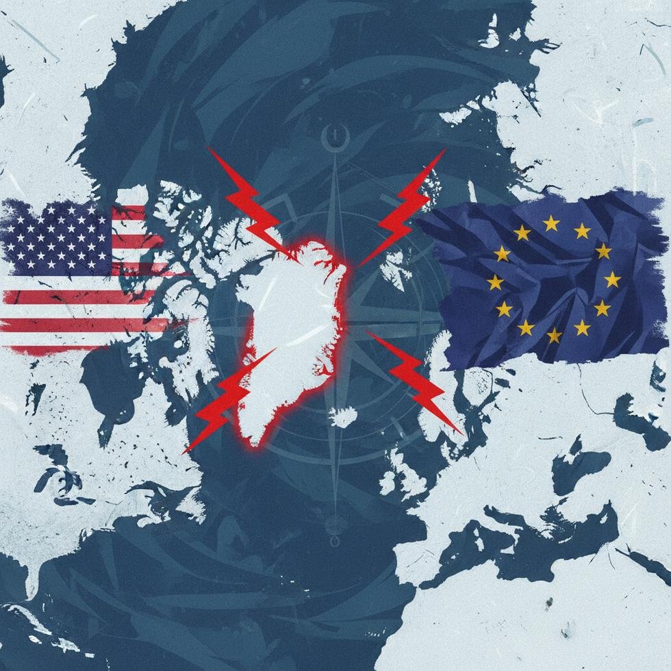 ABD ve Avrupa bayraklarıyla vurgulanmış Grönland haritası ve uluslararası gerilimleri simgeleyen görsel