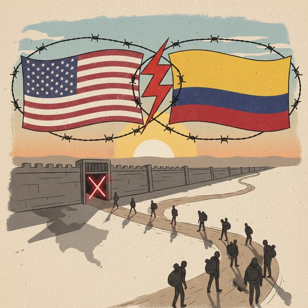 ABD ve Kolombiya bayrakları arasında askeri gerilim simgeleri ve göç yolunda ilerleyen insanlar.