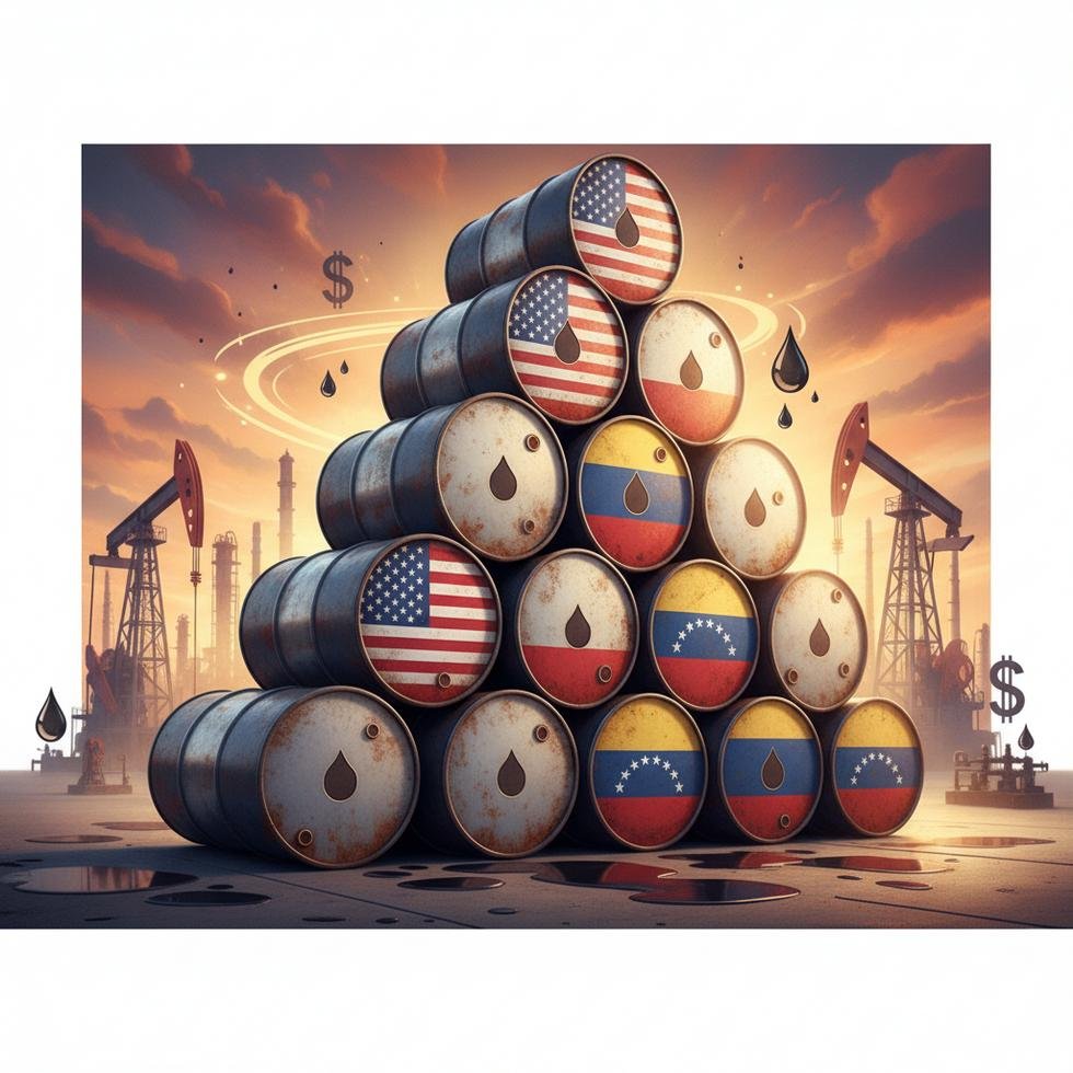 ABD ve Venezuela bayrakları önünde petrol varilleri