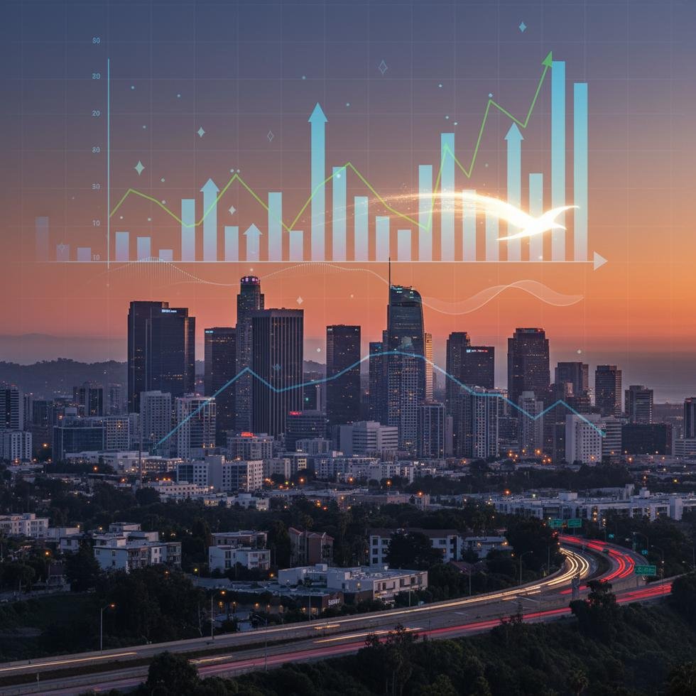 Kaliforniya şehir silüeti ve finansal grafiklerle milyarderlerin göçü