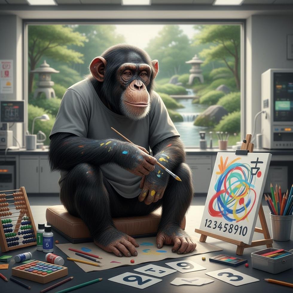 Japonya'daki araştırma merkezinde renkli boyalar ve sayılarla ilgilenen bir şempanze